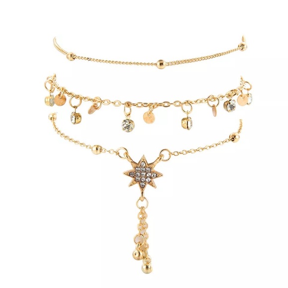 Bohemian 3 Pcs Crystal Star and Gold Anklet Set - Picture 3 of 10